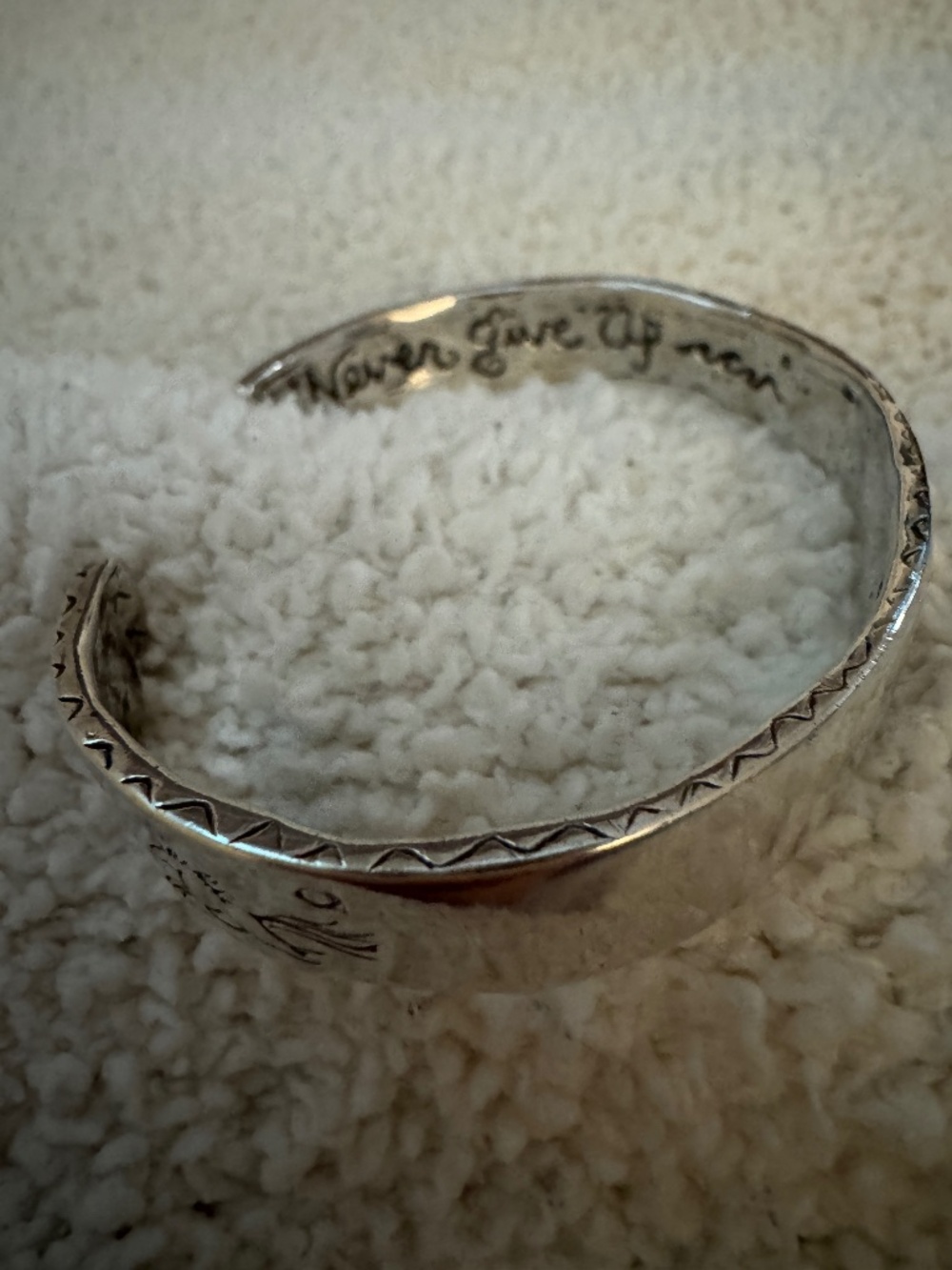Classic, Vintage Jes Maharry "Never Give Up" Sterling Silver Cuff